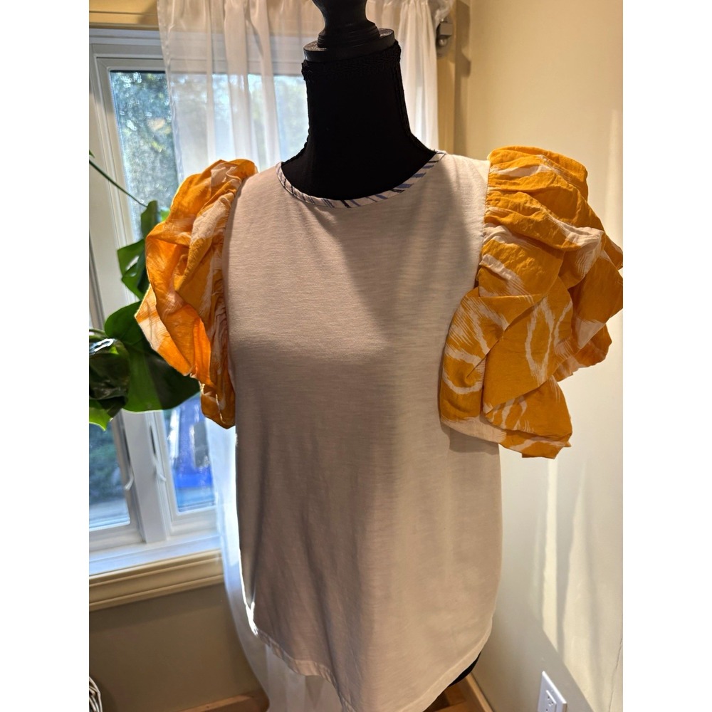 THML White Yellow Abstract Round Neck Ruffle Sleeve Short Sleeve Blouse S